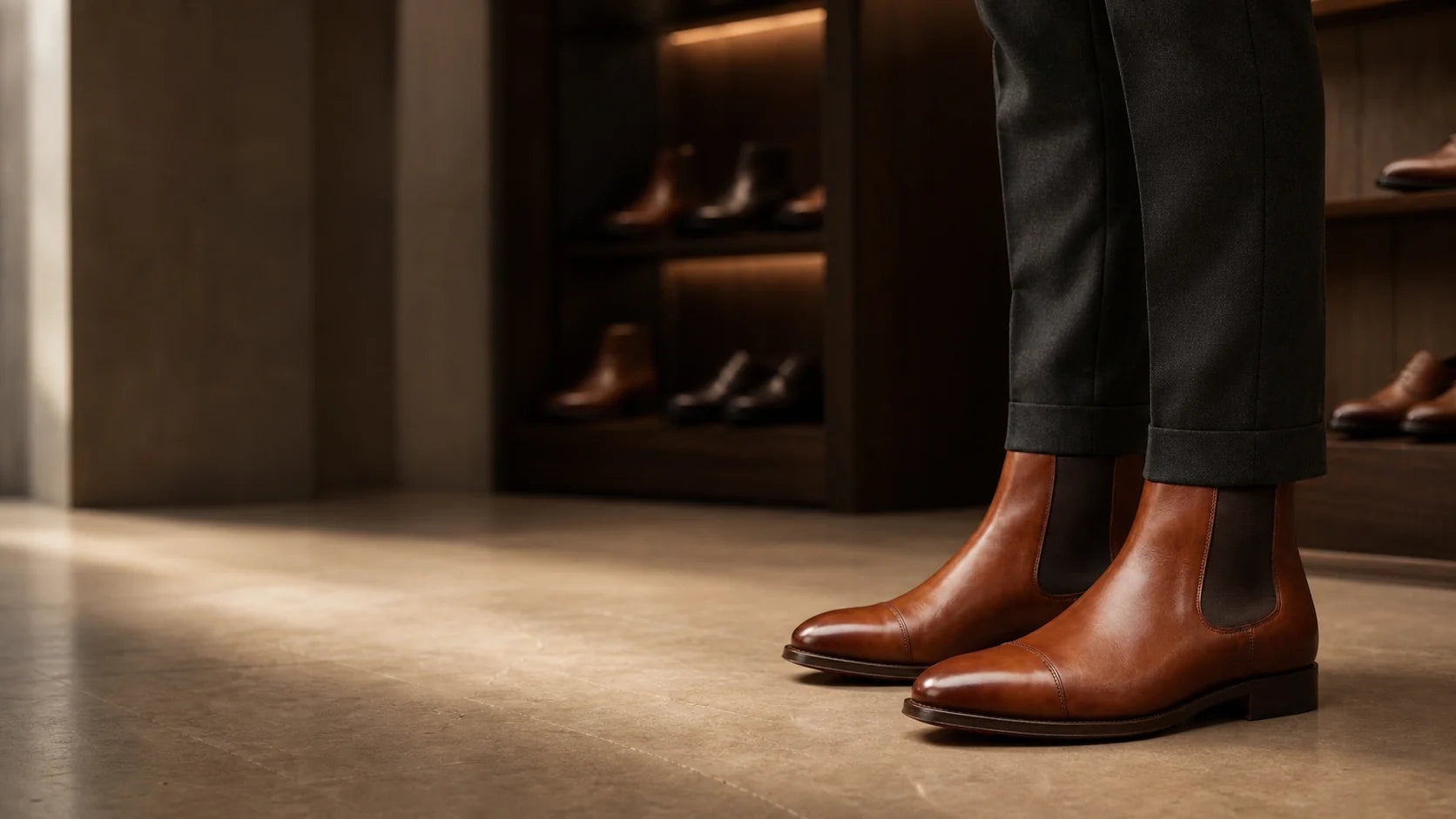 Brown leather Chelsea boots worn with tailored trousers in a refined footwear boutique