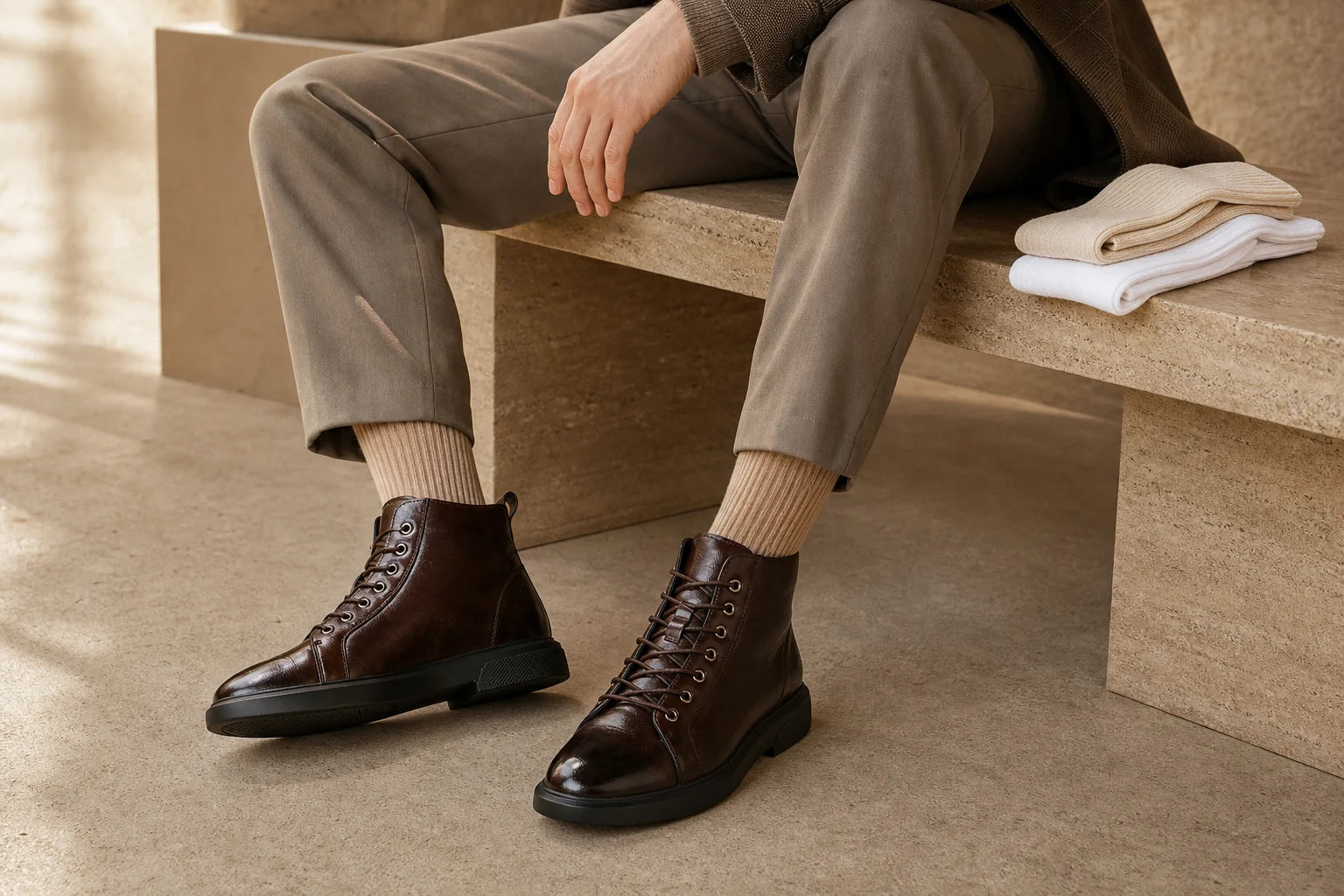 Man wearing dark brown leather lace-up boots with tan ribbed socks beside folded cream and white socks